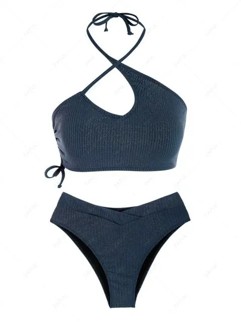 ZAFUL Criss Cross Halter Metallic Glitter Sparkle Ribbed V-waist Tankini Swimwear | ZAFUL (Global)