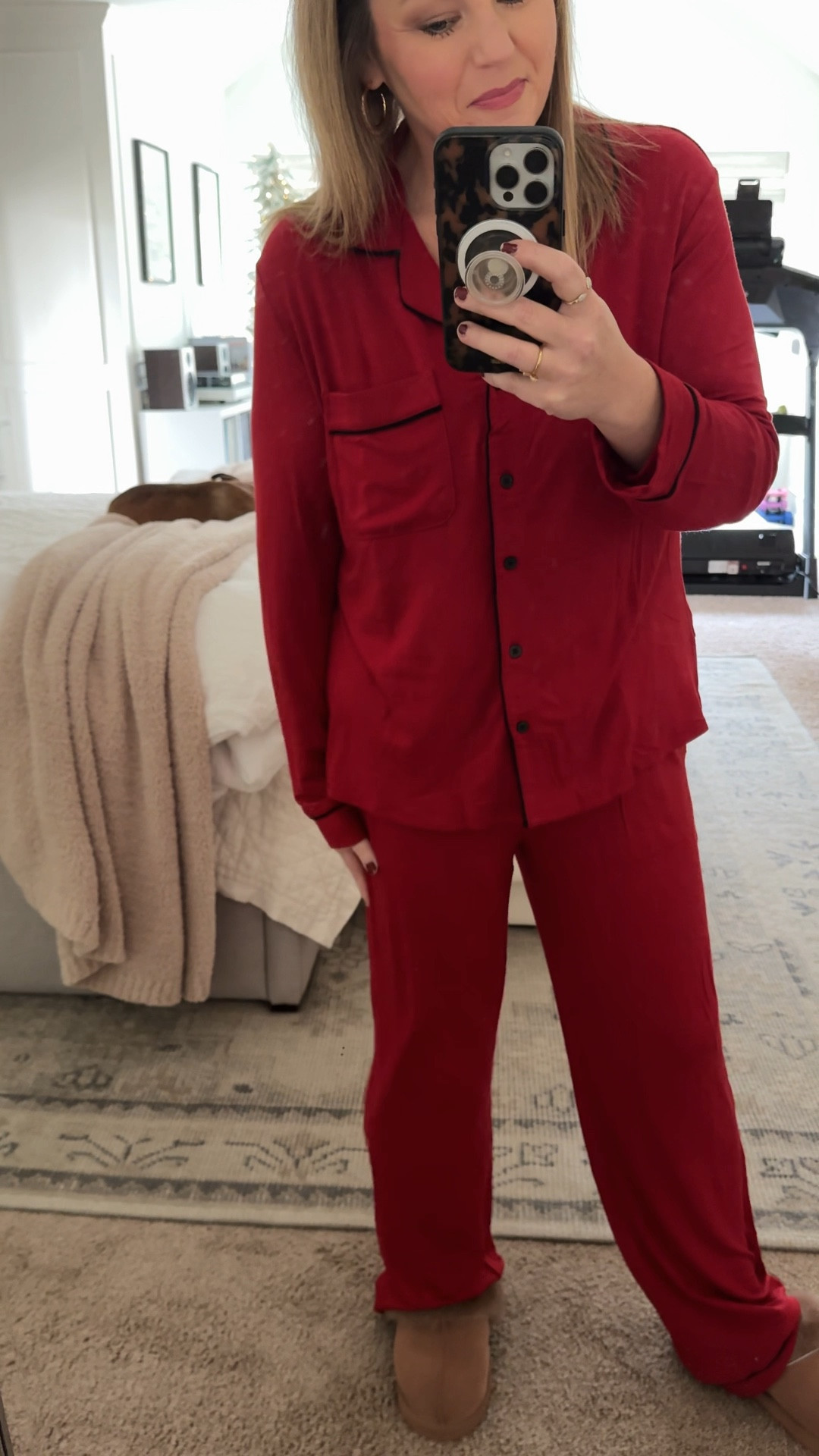 This red pajama set is so soft and has pockets and a drawstring waist string waist. To up the cozy factor, I’ve paired it with my fur-lined slide slippers. ladies pajamas sleepwear gift idea for her Christmas pajamas 

#LTKGiftGuide #LTKOver40 #LTKFindsUnder50