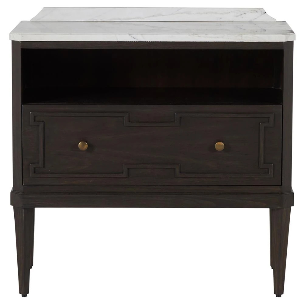 Glenwood French White Marble Top Dark Brown Wood Nightstand | Kathy Kuo Home