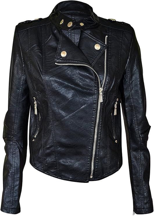 NOROZE Womens Faux Leather PVC Pu Biker Gold Button Zip Crop Jacket Black 4 6 8 10 | Amazon (US)
