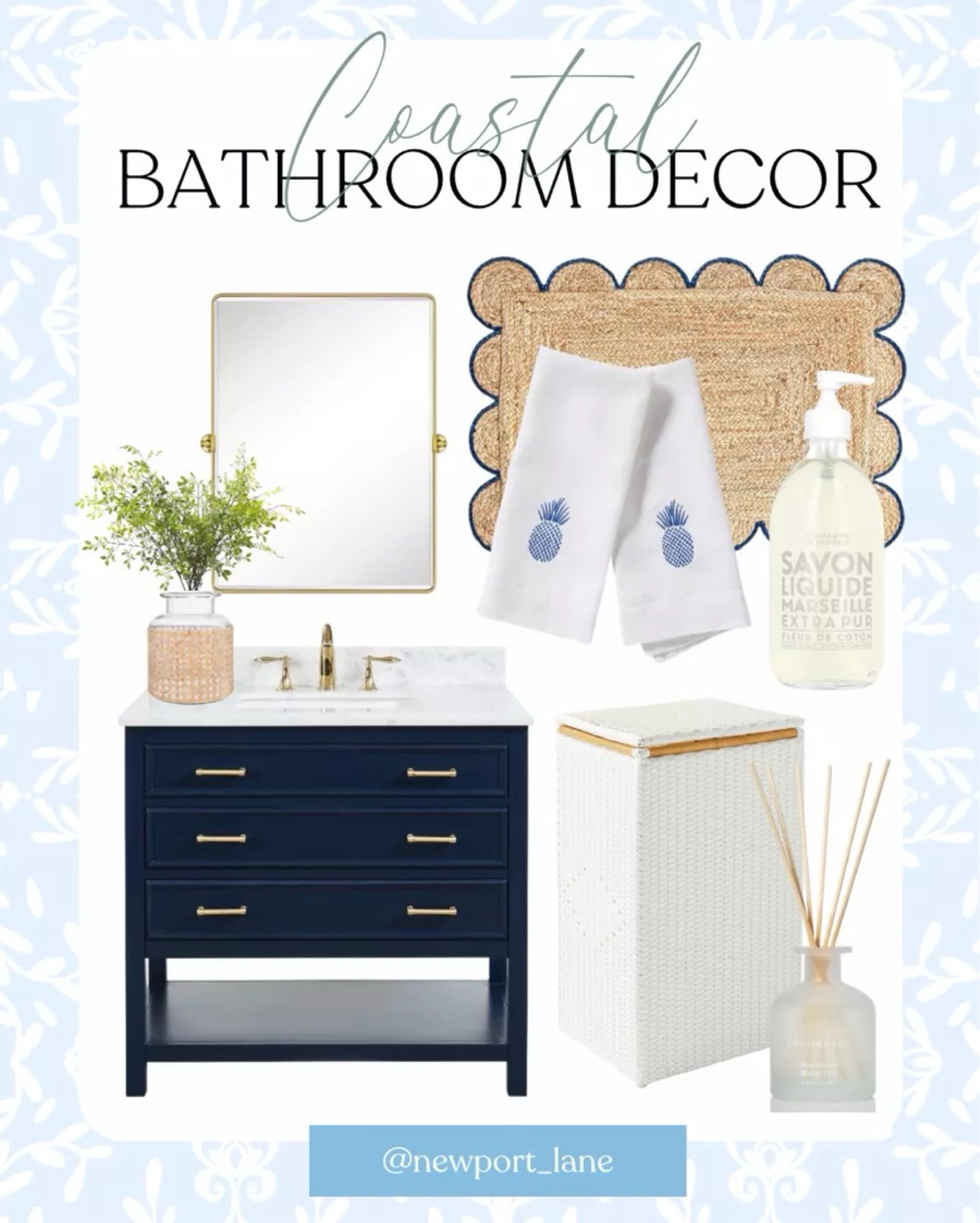 Coastal bathroom decor inspiration! Including this vanity, bathroom mirror, trash can, hand towels, rug, hand soap, faux stems, vase, and scent diffuser. 
12/6

#LTKHome #LTKStyleTip #LTKFindsUnder100
