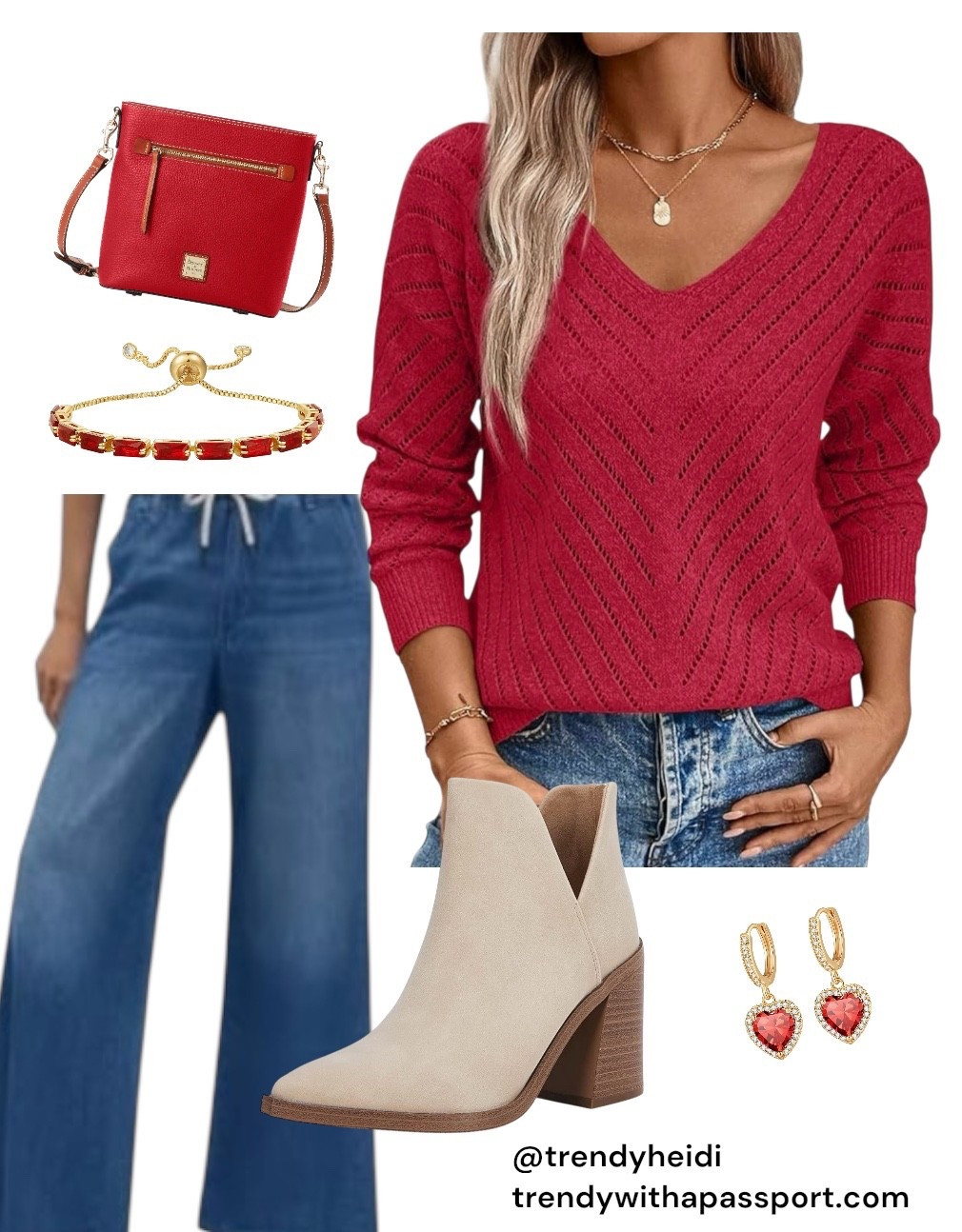 A cozy-chic winter outfit board featuring a textured V-neck knit sweater in a rich holiday red, styled with soft waves and delicate layered gold necklaces. Wide-leg denim adds an effortless, relaxed silhouette. Neutral suede ankle booties ground the look with modern sophistication. A structured red crossbody bag brings a bold pop of color, while the matching red gemstone bracelet and heart-shaped gold earrings add a touch of feminine sparkle. A perfect blend of festive, polished, and wearable—ideal for holiday outings, casual dinners, or elevated everyday style. Curated in the signature aesthetic of @trendyheidi.

⸻


#holidayoutfitideas #winterstyleinspo #redoutfitinspo #cozychicstyle #denimoutfitideas #widelegjeans #amazonfashionfinds #amazonoutfit #outfitcollage #pinterestoutfit #stylemoodboard #quietluxurystyle #holidayaesthetic #sweaterweatherstyle #fashionflatlay #neutralbooties #christmasoutfits #festivestyle #trendyheidi #trendywithapassport #elevatedcasual #classicstylewithatwist #holidayfashion #affordablefashionfinds #winterwardrobe

#LTKGiftGuide #LTKdayinmylife #LTKHoliday