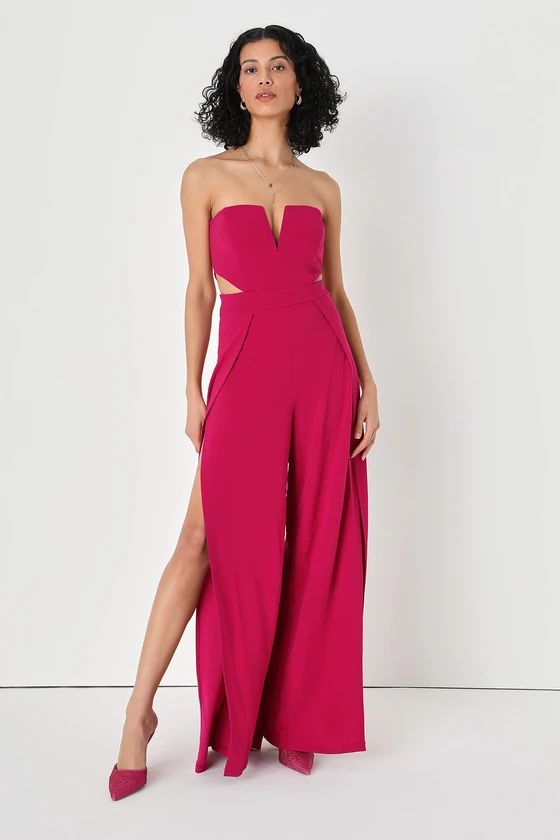 Make Your Statement Hot Pink Strapless Cutout Wide-Leg Jumpsuit | Lulus (US)