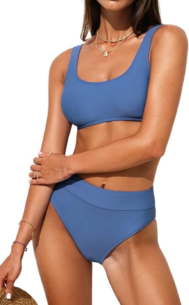 CUPSHE Women Bikini Set Two Piece Swimsuit High Waisted Tank Back Hook Wide Straps Bathing Suits | Amazon (US)