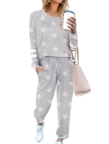 Ekouaer Sweatsuits Womens Loungewear Set Tracksuit Long Sleeve Pajamas Set with Pockets 2 Piece Outfits Lounge Sets Light Gray Star XXX-Large | Amazon (US)