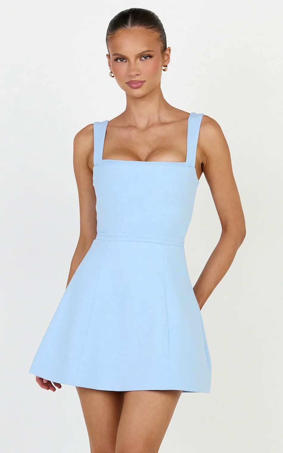 Square Neck Pin Tucked Waist Tulip Skirt Dress in Light Blue | Showpo (ANZ)
