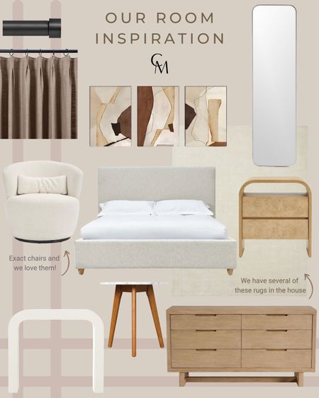 Our main bedroom inspiration. Linked as much as I could that’s exact, otherwise linked similar. 

Living Spaces Dean bed Queen 
Castle chairs 
Article nightstands
Article dresser 
West Elm Glimmer rug beige. Color is no longer available but the white is very similar. We have that one too. 
Cb2 mirror
Article side table 
Cb2 horseshoe console 
Home goods prints over the bed
Home goods print over horseshoe console  

#LTKhome