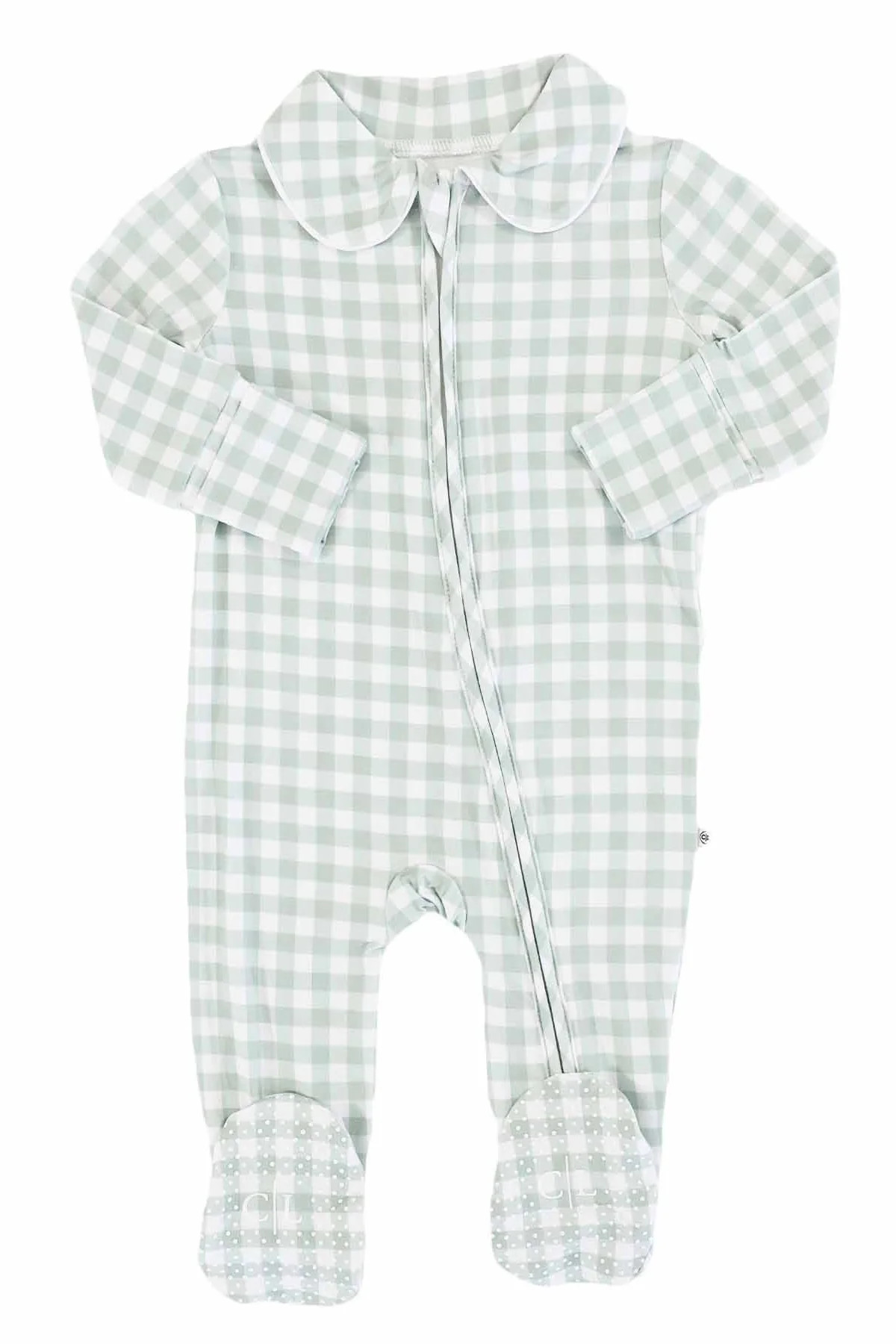 Peter Pan Collar Zipper Footie | Moss Gingham | Caden Lane