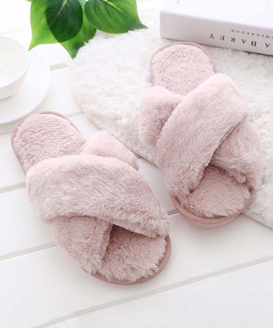 JUMITI Women's Slippers pink - Pink Fuzzy Crisscross Slipper - Women | Zulily