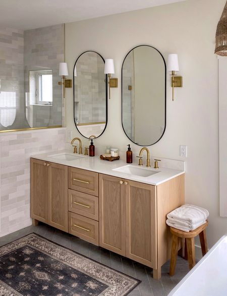 Bathroom design, white oak bathroom vanity. The pottery barn look alike sconces for less than $50! 

#LTKhome

#LTKFindsUnder50 #LTKHome