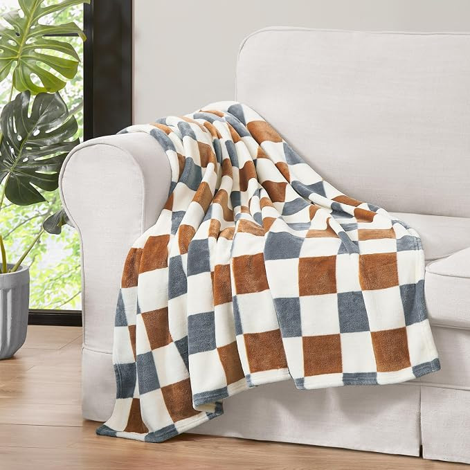 Jessica Simpson Plush 50"X70" Throw Blanket - Emery Checkerboard Rust/Grey- Luxurious Plush Blank... | Amazon (US)