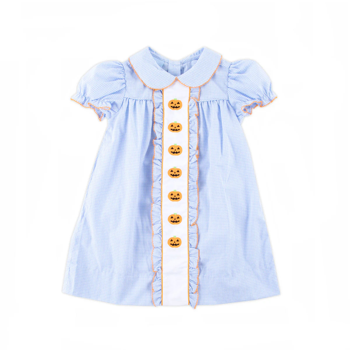 Jack O'Lantern Embroidered Light Blue Gingham Camila Dress | Classic Whimsy