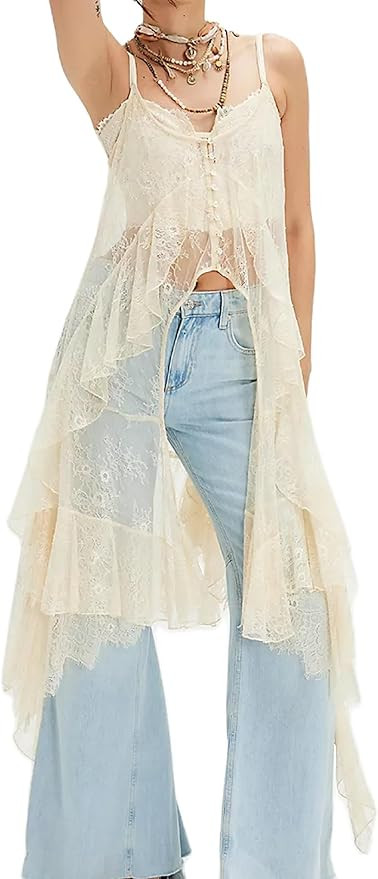 UAURORAO Women Maxi Lace Top Spaghetti Strap See Through Flowy Long Camisole Sleeveless Floral Sh... | Amazon (US)