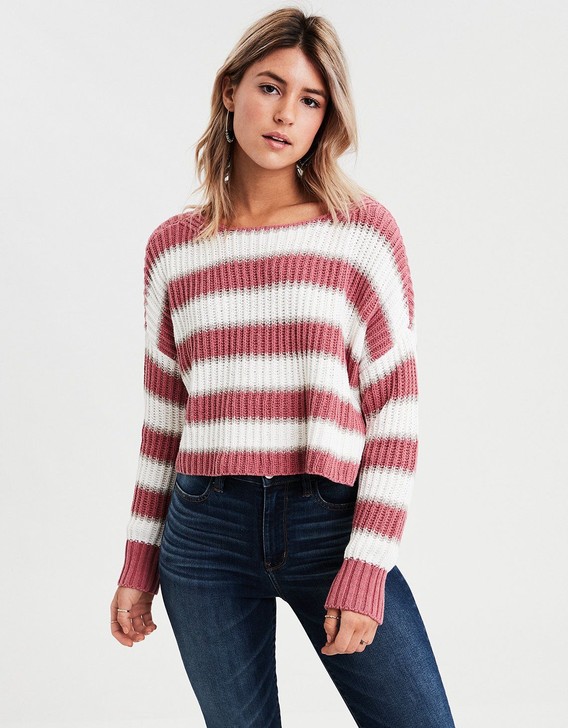AE Striped Crop Pullover Sweater, Red | American Eagle Outfitters (US & CA)