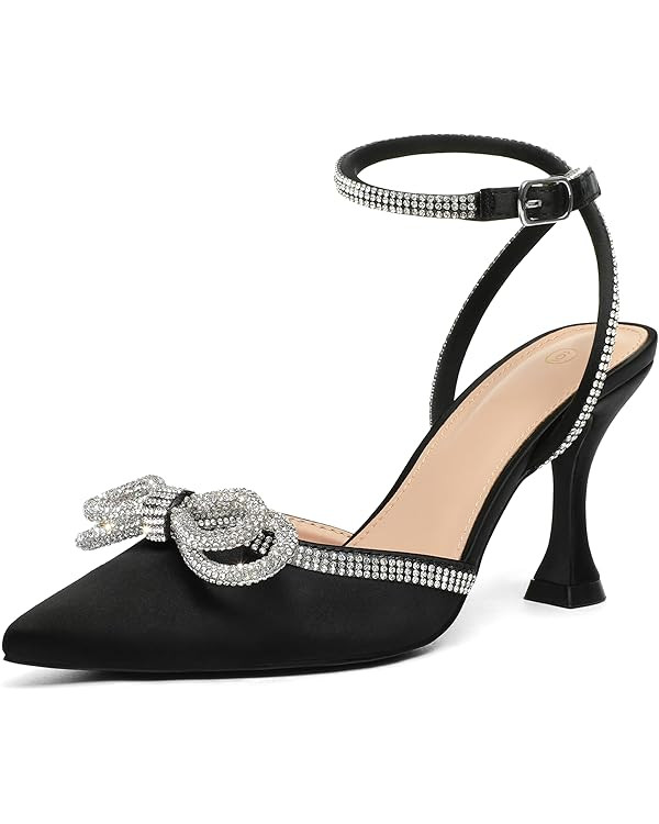 mysoft Women's Rhinestone Bow Pumps Wedding Dress Shoes Pointed Toe Ankle Strap Kitten Heels | Amazon (US)