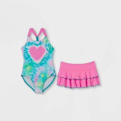 Girls' Heart Tie-Dye with Skirt One Piece Swimsuit Set - Cat & Jack™ | Target