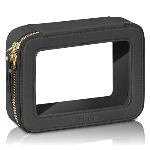 Prite Clear Makeup Bag Cosmetic Organizer Case Waterproof Travel Toiletry Bag Skincare Pouch with Golden Zipper(Black) | Amazon (US)
