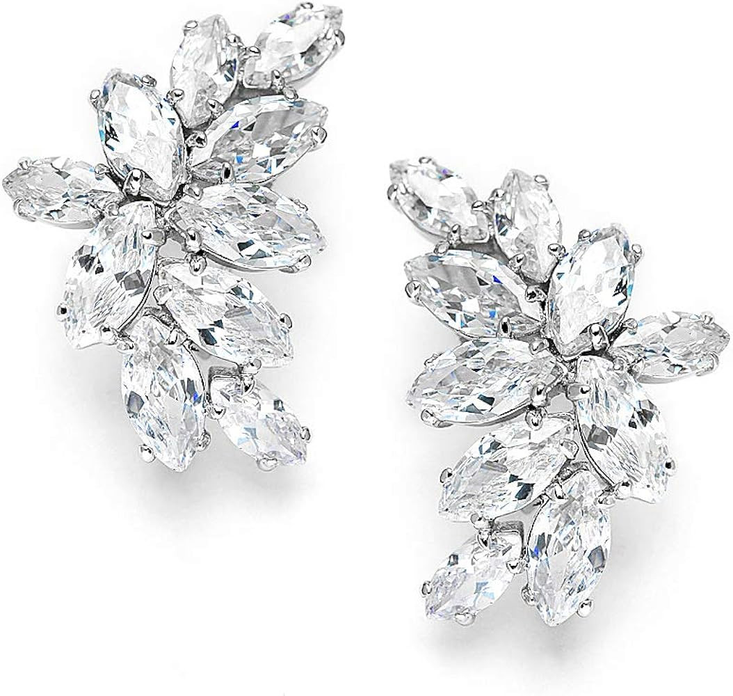 Mariell Clip-On Cubic Zirconia Crystal Bridal Earrings, Marquis Shape CZ Curved Clusters, Non-Pie... | Amazon (US)