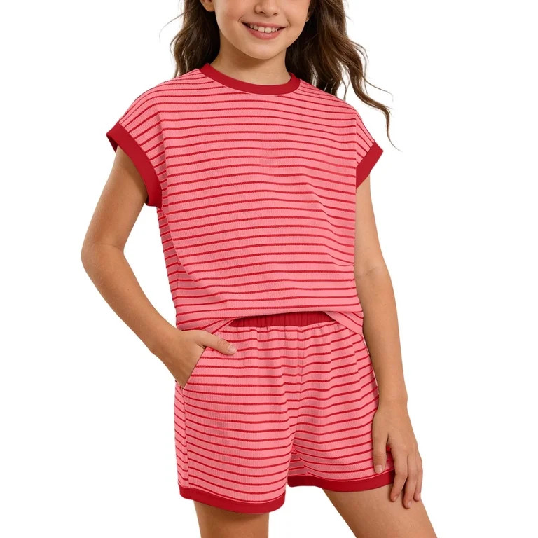RMGVDSD Girls Casual 2 Piece Outfits Striped T-Shirts Short Sleeve Drop Shoulder Batwing Sleeve T... | Walmart (US)