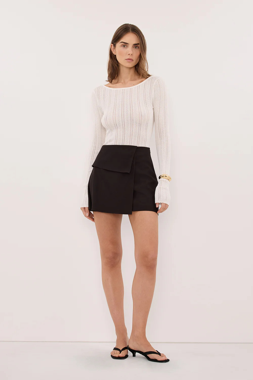 ELENA WHITE POINTELLE LONG SLEEVE KNIT TOP | DISSH