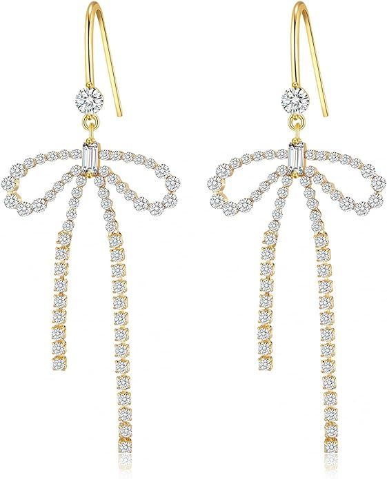 Kesaplan Gold Statement Bow Earrings 925 Sterling Silver Bow Dangly Earrings Cute Sparkly Earring... | Amazon (US)