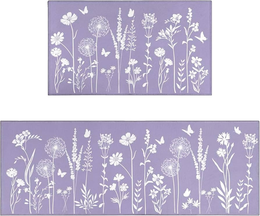 Lavender Purple Kitchen Rug Set of 2- Purple Butterfly Plant Floral Rug Floor Mats Area Rug Carpe... | Amazon (US)