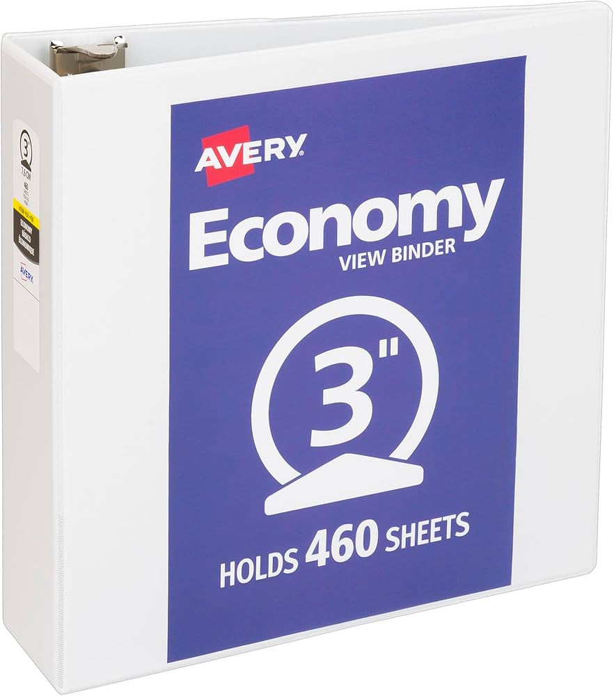 Avery Economy View 3 Ring Binder, 3" Round Rings, 1 White Binder (05741) | Amazon (US)