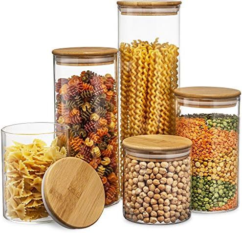Canister Set of 5, Glass Kitchen Canisters with Airtight Bamboo Lid, Glass Storage Jars for Kitch... | Amazon (US)