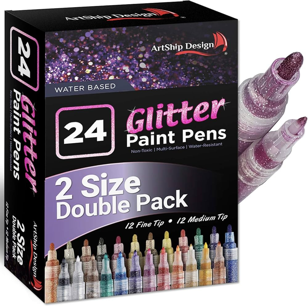 ArtShip Design 24 Glitter Paint Pens, Double Pack of Both Extra Fine and Medium Tip Paint Markers... | Amazon (US)
