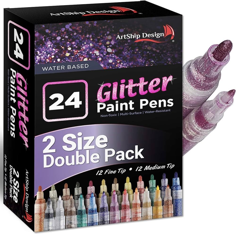 ArtShip Design 24 Glitter Paint Pens, Double Pack of Both Extra Fine and Medium Tip Paint Markers... | Amazon (US)
