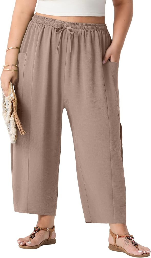 Plus Size Pants for Women Wide Leg Cropped High Waisted Flowy Lightweight Pull On Loose Fit Summe... | Amazon (US)