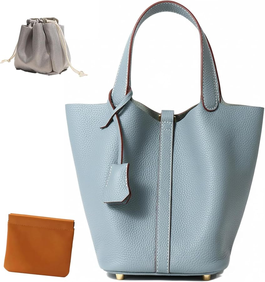 Genuine Leather Lock Design Bucket Bag Vegetable Basket, Fashionable and Versatile Satchel Handba... | Amazon (US)