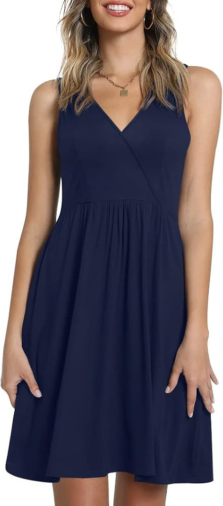 CATHY Womens Summer 2022 Casual Dress Short Sleeve V Neck Dresses Loose Comfy Beach Sundress with... | Amazon (US)