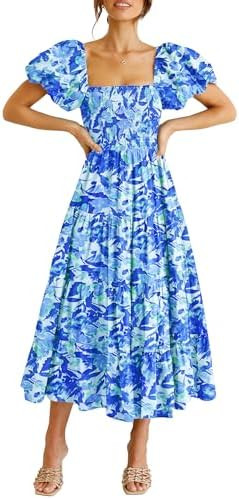 PRETTYGARDEN Women's Casual Summer Midi Dress Puffy Short Sleeve Square Neck Smocked Tiered Ruffl... | Amazon (US)