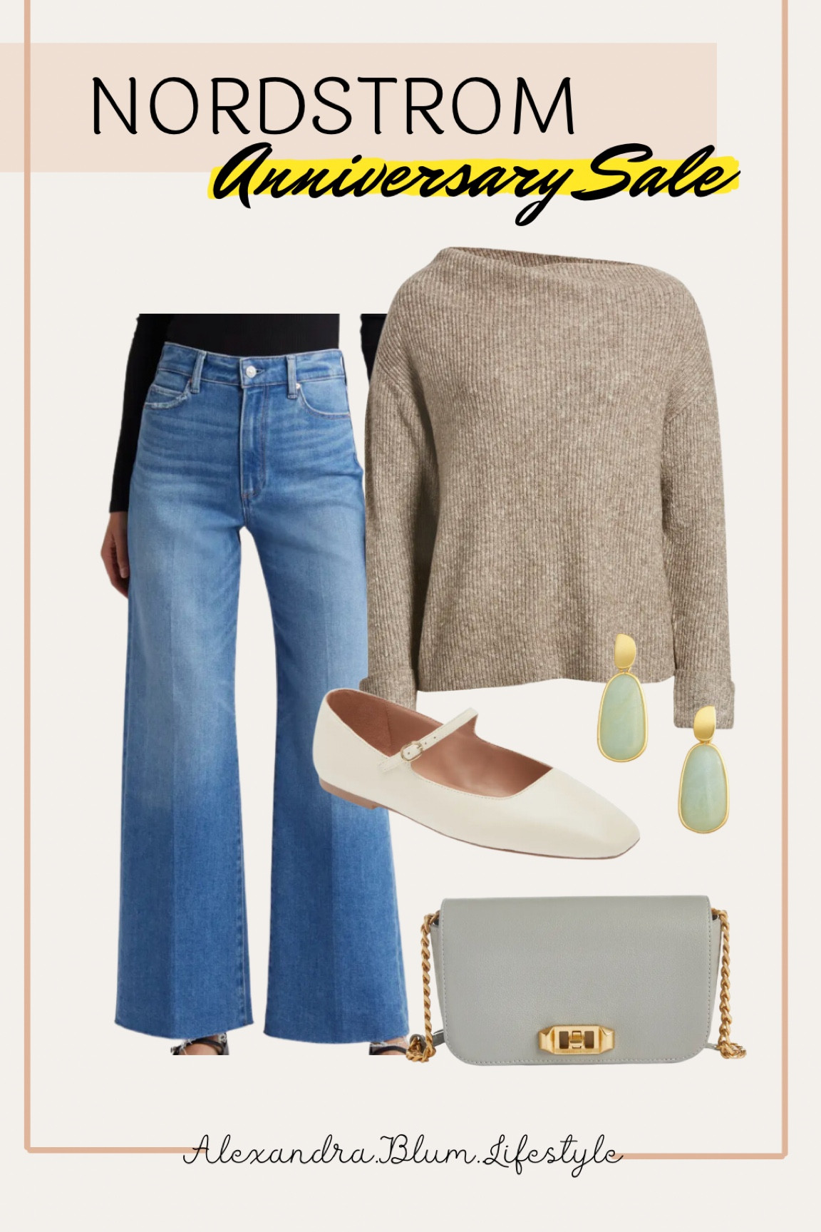 Simple fall and winter outfit idea from the Nordstrom anniversary sale event! Wide leg bell bottom flare jeans, off the shoulder sweater, ivory ballet flats, and dove color crossbody purse! 

#LTKxNSale #LTKSaleAlert #LTKShoeCrush