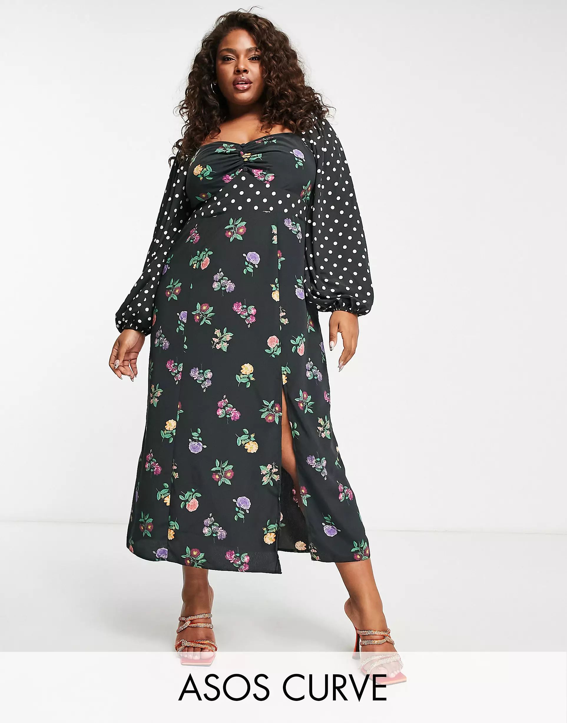 ASOS DESIGN Curve long sleeve midi dress in mixed floral spot print | ASOS (Global)