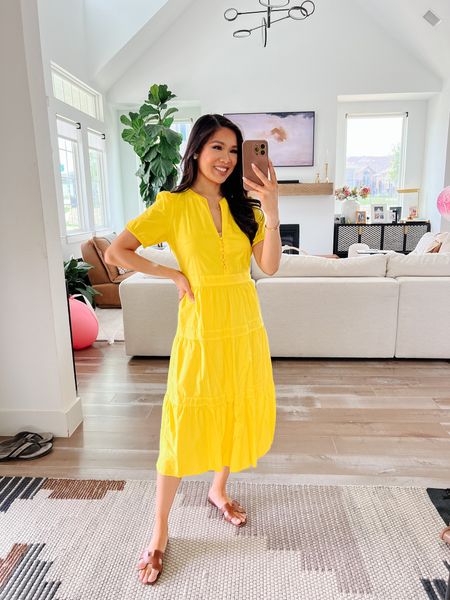 Spring outfit with this yellow tiered midi dress that is perfect for pumping and nursing! I’ve worn this  during maternity and now for postpartum. It’s on sale for 65% off and it’s a favorite of mine. I sized up to a small for maternity and it fits TTS! Wearing it with one of my go to sandals. Linking dress, a look for less of the shoes, living furniture and more

#LTKSeasonal #LTKstyletip #LTKsalealert