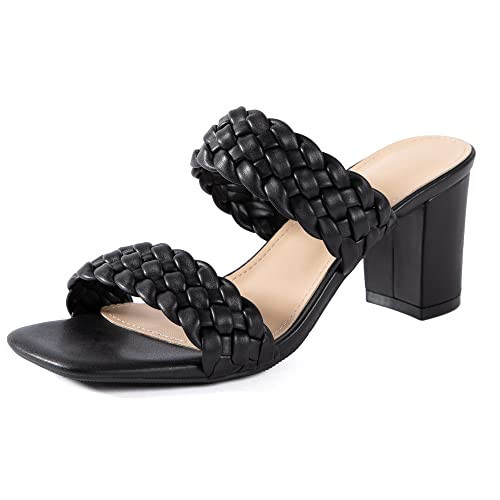 N.N.G Braided Heeled Sandals for Women 3 Inch Chunky Block Heel Square-Toe Dress Shoes, Black Size 9.5 Summer Soft Synthetic Leather Sandals for Work, Wedding Night Out | Amazon (US)