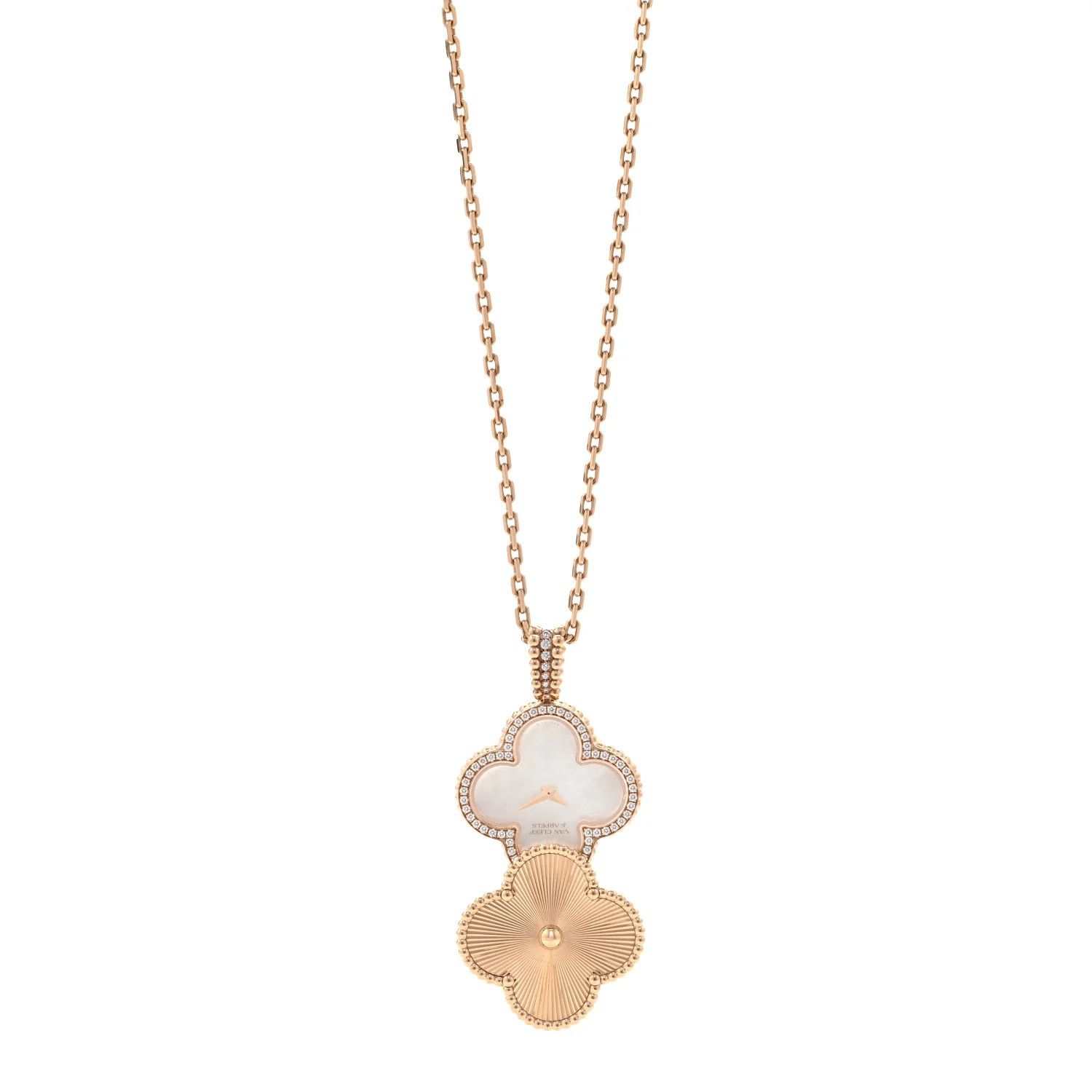 18K Rose Gold Diamond Mother of Pearl 28mm Alhambra Secret Pendant Quartz Watch | FASHIONPHILE (US)