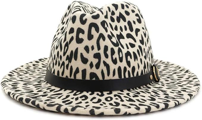 HUDANHUWEI Women's Wide Brim Felt Fedora Panama Hat with Leopard Belt Buckle | Amazon (US)
