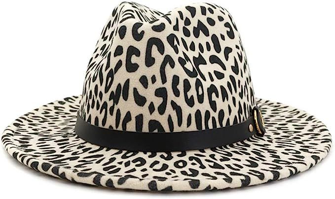 HUDANHUWEI Women's Wide Brim Felt Fedora Panama Hat with Leopard Belt Buckle | Amazon (US)