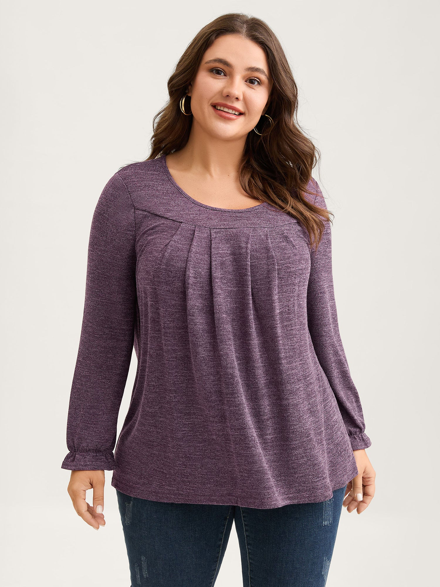 Round Neck Heather Pleated T-shirt | Bloomchic