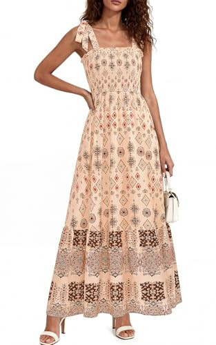 PRETTYGARDEN Women's 2026 Summer Maxi Dress Tie Straps Floral Beach Vacation Long Dresses Smocked... | Amazon (US)