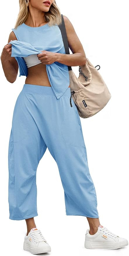 Fisoew Women's Summer 2 Piece Outfits Sleeveless Tank Tops and Wide Leg Pocketed Pants Workout Sw... | Amazon (US)