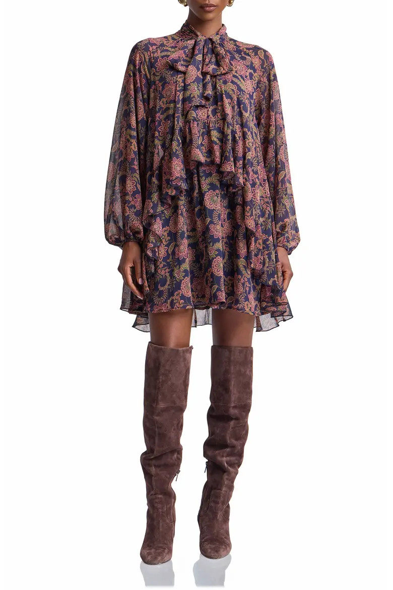 Avec Les Filles Paisley Print Long Sleeve Chiffon Tie Neck Dress in Navy Paisley Garden at Nordstrom, Size 14 | Nordstrom