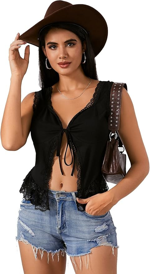 OYOANGLE Women's Summer Casual Tie Front Top Sleeveless V Neck Lace Trim Going Out Crop Blouse | Amazon (US)