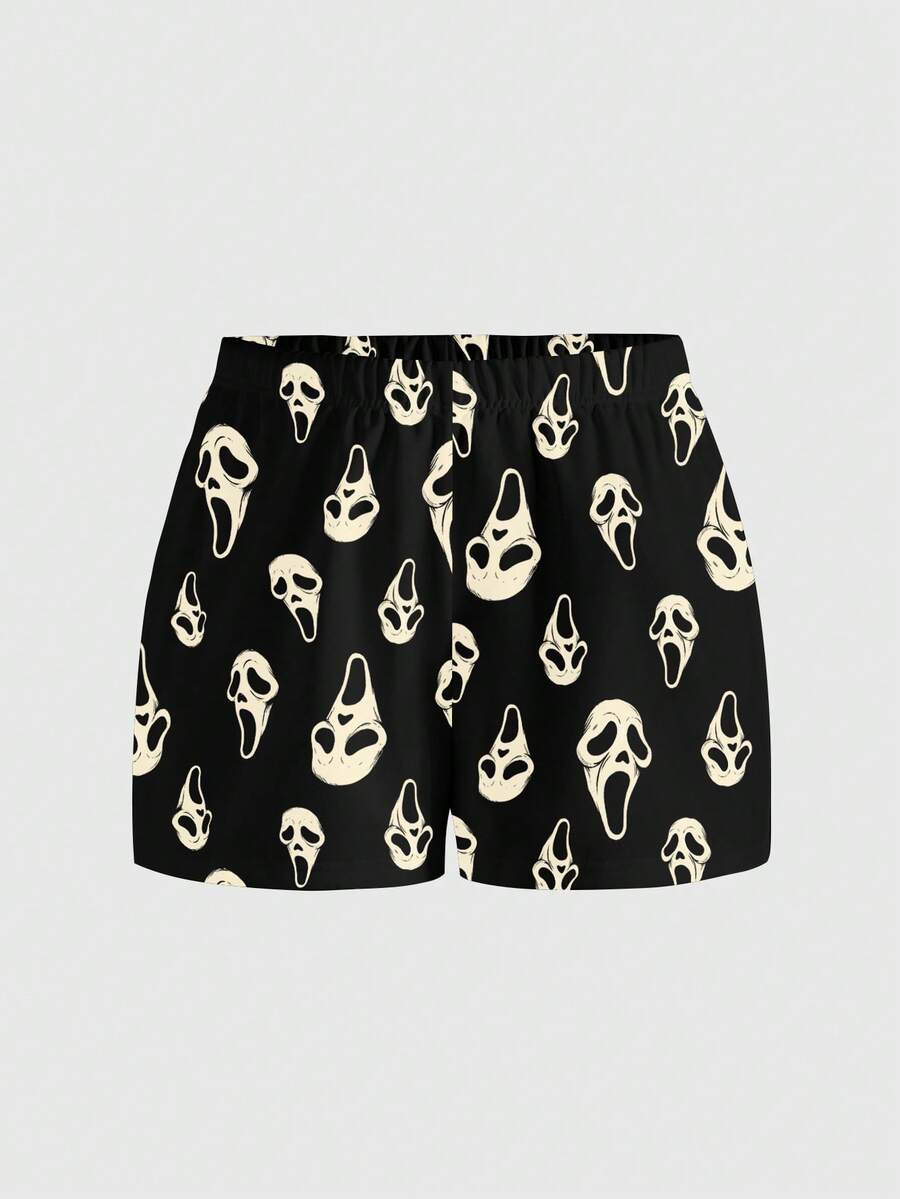ROMWE Horror Gothic Black Loose Plus Size Shorts For Beach/Holiday | SHEIN