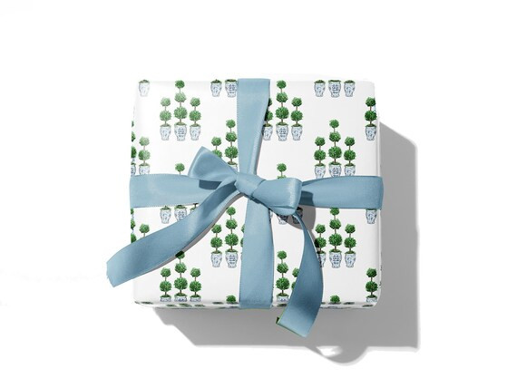 Topiary Gift Wrap | Chinoiserie Decor Wrapping Paper | Blue White Green Gift Wrap Sheets | Etsy (US)