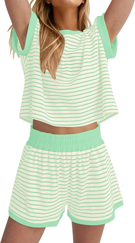 MISSACTIVER 2 Piece Lounge Set Women Stripe Knit Short Sleeve Tee Shirts Shorts Casual Summer Lou... | Amazon (US)