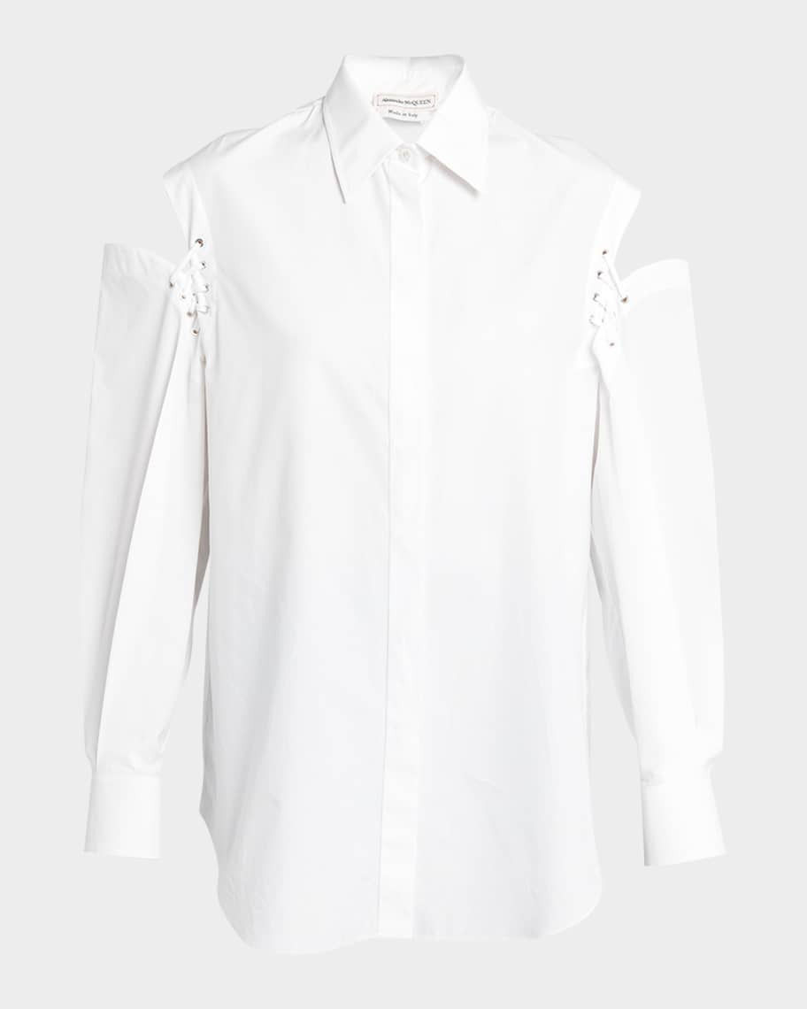 Alexander McQueen Button-Front Blouse with Lace-Up Sleeve Details | Neiman Marcus